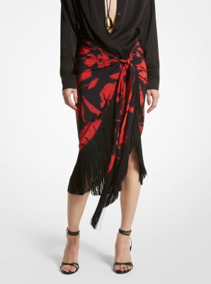 Brushstroke Floral Silk Crepe De Chine Fringed Sarong Skirt image number 0