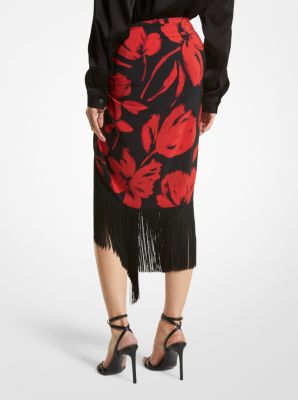 Brushstroke Floral Silk Crepe De Chine Fringed Sarong Skirt image number 1