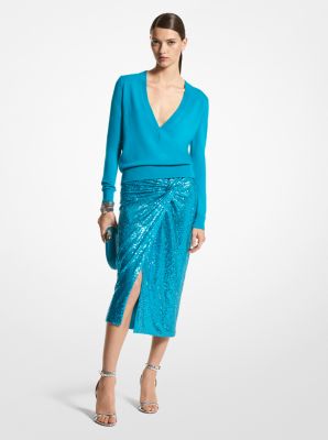 Hand-Embroidered Sequin Stretch Jersey Pareo Skirt