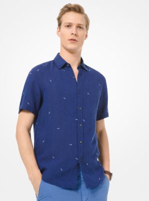 Sunglass-Print Linen Short-Sleeve Shirt | Michael Kors