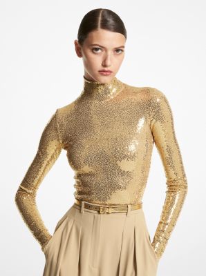 Sequined Stretch Tulle Scoop-neck Bodysuit