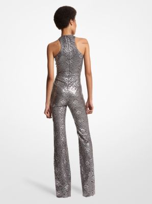 Hand-embroidered Sequin Stretch Jersey Flared Jumpsuit