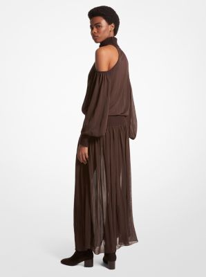 Chiffon Jersey and Cashmere Turtleneck Cold Shoulder Dress image number 1