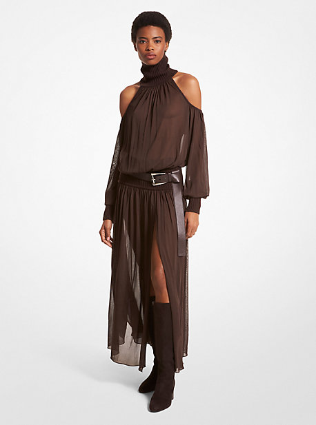 Michael Kors Chiffon Jersey And Cashmere Turtleneck Cold Shoulder Dress In Brown