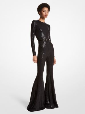 Hand Embroidered Sequin Stretch Jersey Flared Jumpsuit