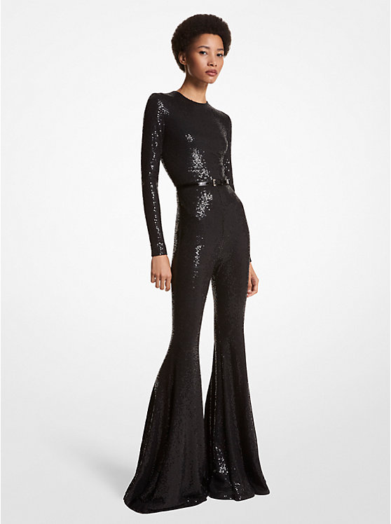 Hand-Embroidered Sequin Stretch Jersey Flared Jumpsuit image number 0