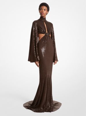 Hand Embroidered Sequin Stretch Matte Jersey Fishtail Gown