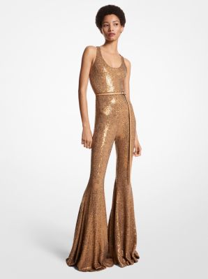 Hand-Embroidered Sequin Stretch Matte Jersey Flared Jumpsuit image number 0