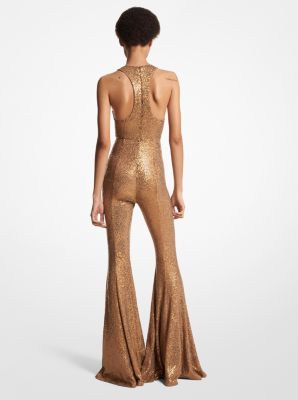 Hand-Embroidered Sequin Stretch Matte Jersey Flared Jumpsuit image number 1