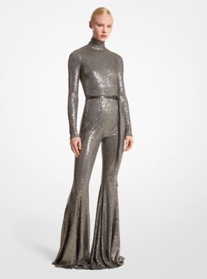 Hand-Embroidered Sequin Stretch Jersey Flared Jumpsuit