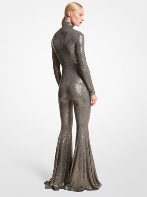 Hand-Embroidered Sequin Stretch Jersey Flared Jumpsuit image number 1