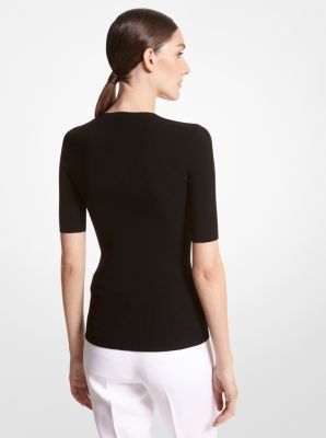 Black Scoop Neck Elbow Sleeve Stretch Viscose Top