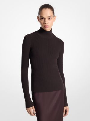 Ribbed Stretch Merino Wool Turtleneck Sweater