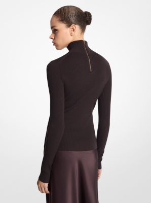 Ribbed Stretch Merino Wool Turtleneck Sweater