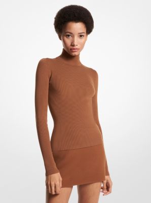 Ribbed Stretch Merino Wool Turtleneck Sweater in CHESTNUT | Michael Kors