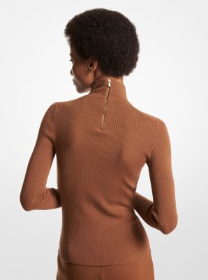 Ribbed Stretch Merino Wool Turtleneck Sweater in CHESTNUT | Michael Kors