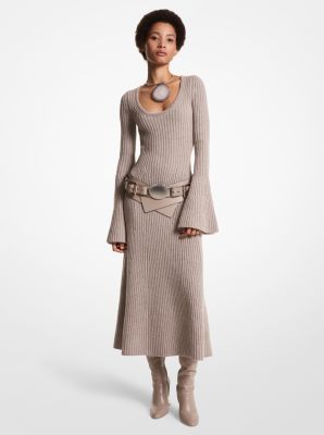 Ribbed Stretch Cashmere Flare-Sleeve Dress image number 0