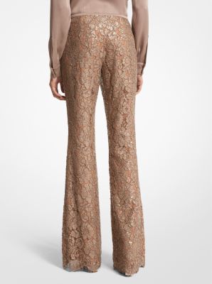 Hand-Embroidered Sequin Floral Lace Flared Pants