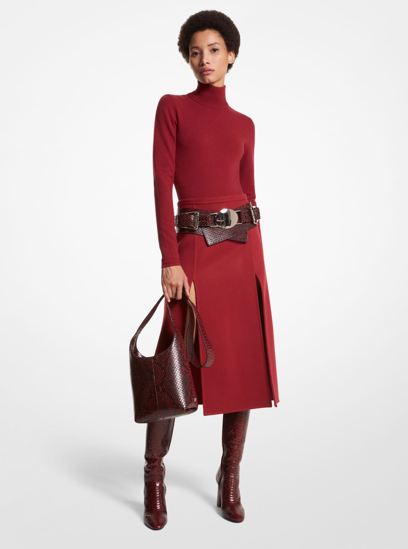 MK Double Faced Wool Melton Slit Skirt - Red - Michael Kors