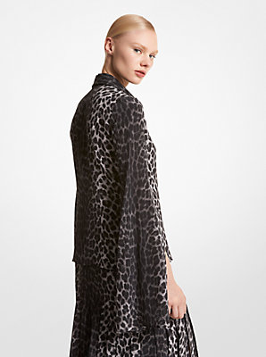 Leopard Silk Crepe De Chine Slit-Sleeve Shirt