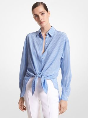 Striped Organic Silk Crepe De Chine Tie-Front Shirt image number 0