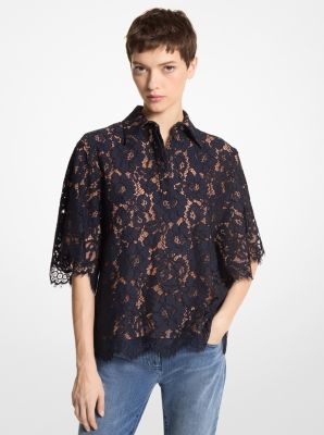 Shop Michael Kors Cotton Blend Floral Lace Shirt In Blue