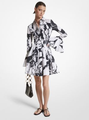 Shadow Floral Stretch Cotton Poplin Flare-Sleeve Shirtdress