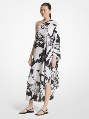 Shadow Floral Organic Silk Crepe De Chine One Shoulder Caftan