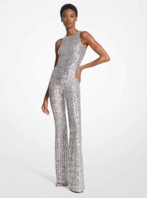 Sequined Stretch Tulle Flared Leg Jumpsuit Michael Kors