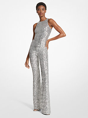 Sequined Stretch Tulle Flared Leg Jumpsuit