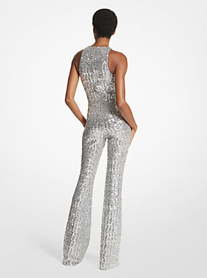 Sequined Stretch Tulle Flared Leg Jumpsuit