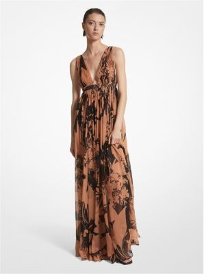 Vestido largo de inspiración griega de corte imperio en chifón de seda con estampado floral oscuro image number 0