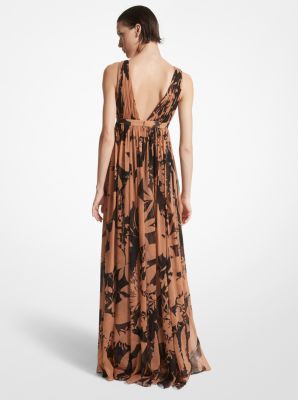 Vestido largo de inspiración griega de corte imperio en chifón de seda con estampado floral oscuro image number 1