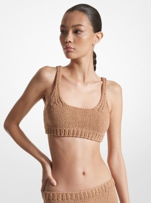 $450 Michael Kors Women's Brown Ribbed Cashmere Bralette Top Size Medium