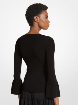 Ribbed Stretch Viscose Ruffle-Sleeve Sweater image number 1
