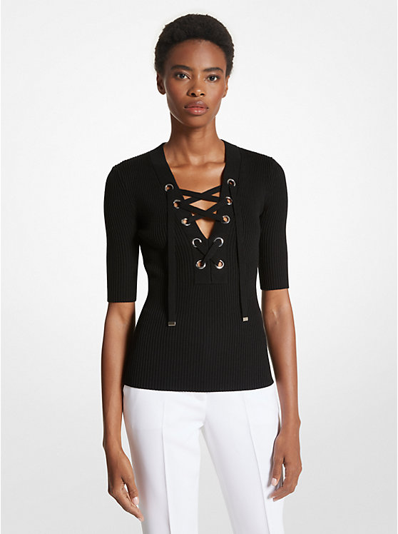 Ribbed Merino Wool Blend Lace-Up Top image number 0
