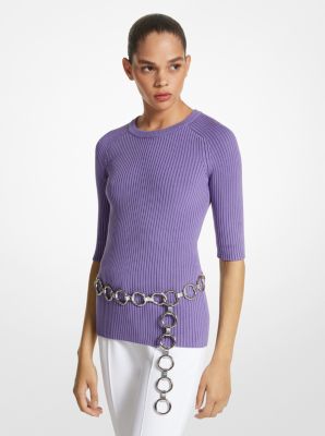 MK Ribbed Silk Blend T-Shirt - Purple - Michael Kors