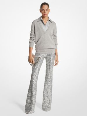 Sequined Stretch Tulle Flared Pants