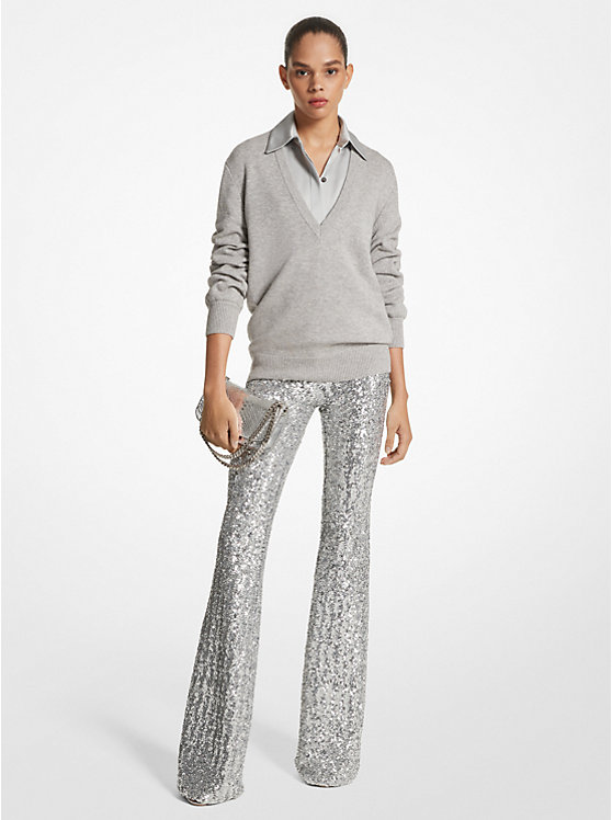 Sequined Stretch Tulle Flared Pants image number 0