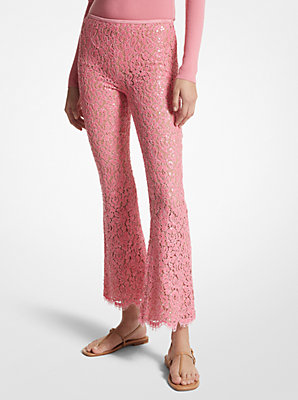 Hand-Embroidered Sequin Floral Lace Cropped Pants