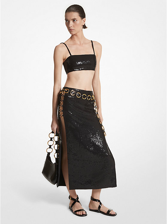 Hand-Embroidered Sequin Double Crepe Sablé Ring Slit Skirt image number 0