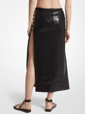 Hand-Embroidered Sequin Double Crepe Sablé Ring Slit Skirt