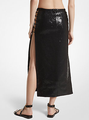 Hand-Embroidered Sequin Double Crepe Sablé Ring Slit Skirt