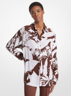 Shadow Floral Silk Crepe De Chine Boyfriend Shirt in NUTMEG/OPTIC WHITE | Michael Kors