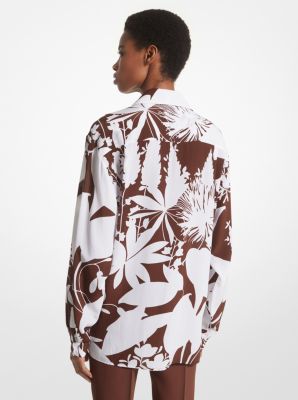 Shadow Floral Silk Crepe De Chine Boyfriend Shirt in NUTMEG/OPTIC WHITE | Michael Kors