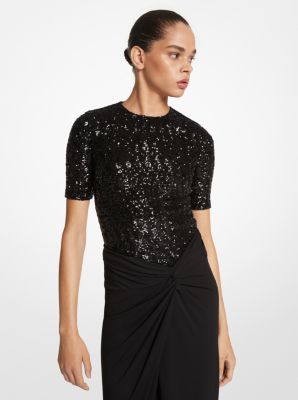 Sequined Stretch Tulle Short-Sleeve Bodysuit image number 0