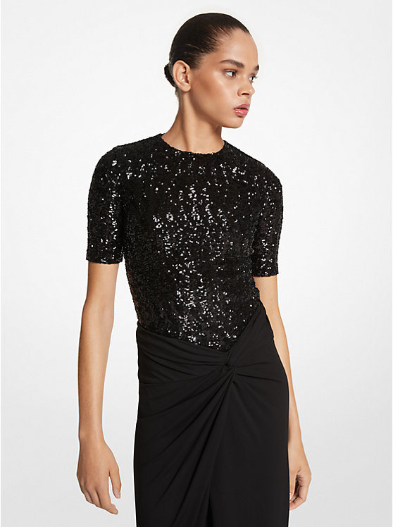 Sequined Stretch Tulle Short-Sleeve Bodysuit image number 0