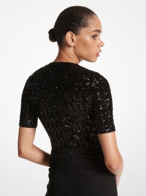Sequined Stretch Tulle Short-Sleeve Bodysuit