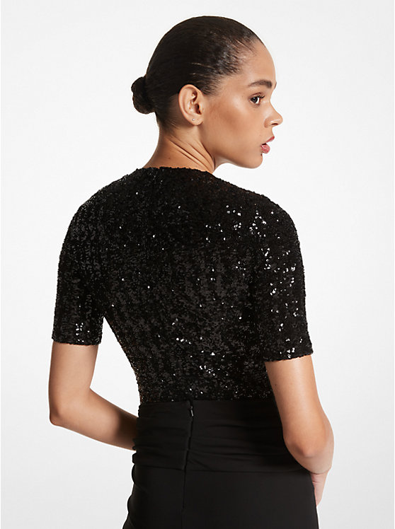 Sequined Stretch Tulle Short-Sleeve Bodysuit image number 1