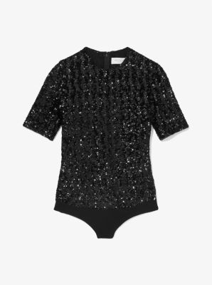 Body a maniche corte in tulle stretch con paillettes image number 2